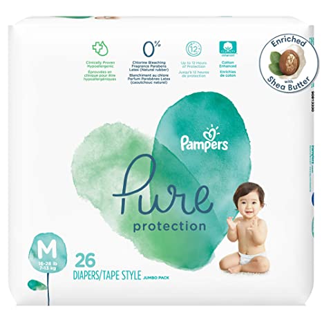 Pampers Pure Protection Baby Diapers, Medium Size Taped Diapers (MD), 26 Count [Hypoallergenic and unscented protection, 0% chlorine, paraben, latex]