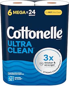 Cottonelle Ultra Clean Toilet Paper, Strong Toilet Tissue, 6 Mega Rolls (6 Mega Rolls = 24 Regular Rolls), 284 Sheets per Roll, Packaging May Vary