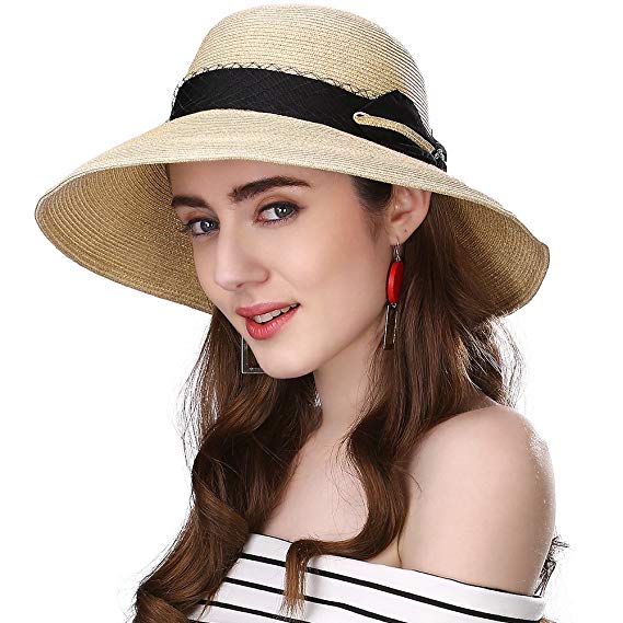 SiggiHat Packable UPF Straw Sunhat Women Summer Beach Wide Brim Fedora Travel Hat 54-59CM
