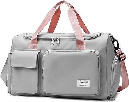 Suruid Travel Duffel Bag with Shoes Compartment Sports Gym Bag with Dry Wet Separated Pocket for Men and Women, Overnight Bag Weekender Bag Training Handbag Yoga Bag - Gray Pink