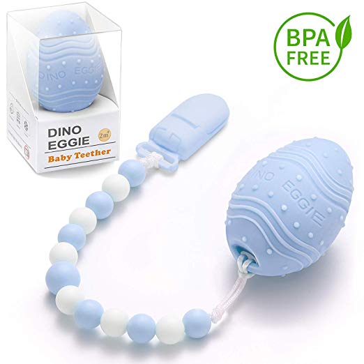 Dino Eggie Baby Teether Egg-Shaped Teething Toy with Silicone Beaded Pacifier Holder Clip, BPA-Free, CPSC Lab Tested and Approved, for Baby Boys and Girls - Blue