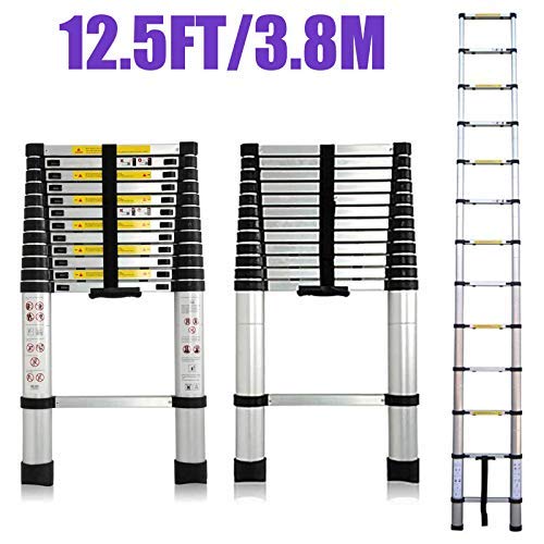 12.5 FT Aluminum Telescoping Extension Ladder Extendable Folding Multi-Purpose 12 Steps Max 330 lb Capacity EN131 Certifiacted