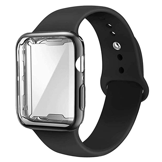 GBPOOT Compatible for Apple Watch Band 38mm 40mm 42mm 44mm, Soft Silicone Replacement Sport Wristband with Apple Watch Screen Protector Case Compatible for Apple Watch Iwatch Series 1/2/3/4