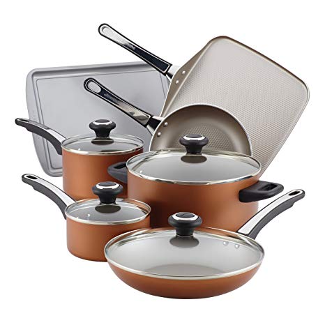 Farberware High Performance Nonstick Aluminum Cookware Set, 17-Piece, Copper