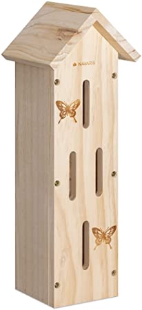 Navaris Wooden Butterfly Habitat - Hanging Real Pinewood Flying Insect Bug Butter Fly House Shelter Hotel for The Garden - Insect Hibernation