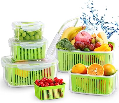 LUXEAR Fruit Vegetable Produce Storage Saver Containers with Lid & Colander 5 Packs BPA-Free Plastic Fresh Keeper Set | Refrigerator Fridge Organizer | for Salad Berry Lettuce Food Celery - Green