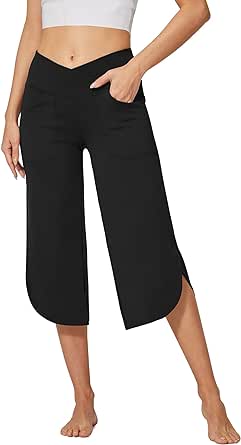 G4Free Capri Pants for Women Wide Leg Yoga Pants for Summer Flowy Capris Loose Casual Cropped Pants with Pockets 21"/29"