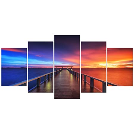 Pyradecor Sunset Bridge Extra Large 5 Piece Modern Seascape Artwork Giclee Canvas Prints Stretched and Framed Landscape Sea Beach Pictures Paintings on Canvas Wall Art for Home Decorations XL