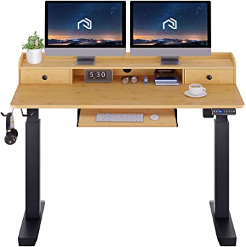 Rolanstar Standing Desk 47", Adjustable Height Desk with Keyboard Tray and Monitor Shelf, Electric Standing Desk with Double Headphone Hooks（Bamboo Color）