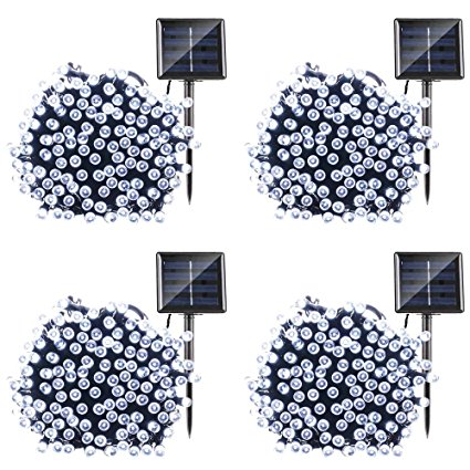 Qedertek Solar Christmas String Lights, 72ft 200 LED Fairy Lights, 8 Modes Ambiance Lighting for Outdoor, Patio, Lawn, Landscape, Garden, Home, Wedding (4 Pack, Cool White)