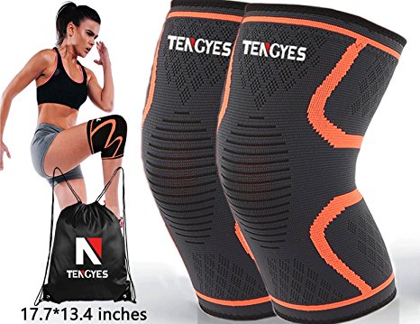 Knee Compression Sleeve ( 1 Pair / sackpack ) by Tengyes - Best Knee Support Brace for ACL, MCL, Volleyball, Powerlifting, Basketball, Running, Sports - Knee Sleeves for Women & Men (Medium, Orange)