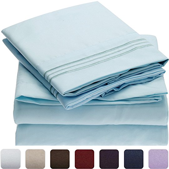 #1 Bed Sheet Set on Amazon - Super Silky Soft - SALE - HIGHEST QUALITY 100% Brushed Microfiber 1800 Bedding Collections - Wrinkle, Fade, Stain Resistant - Hypoallergenic - Deep Pockets - Luxury Fitted & Flat Sheets, Pillowcases - Best For Bedroom, Guest Room, Childrens Room, RV, Vacation Home, Bed in a Bag Addition - LIFETIME MONEY BACK GUARANTEE - Mellanni (Queen, Baby Blue)