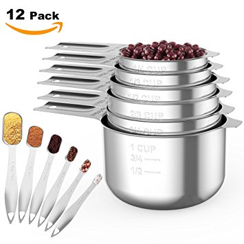 Homgeek Measuring Cups and Measuring Spoons set, Stainless Steel Measuring Cups and Spoons Set of 12, Liquid Measuring Cup or Dry Measuring Cup Set, Stainless Measuring Cups, Kitchen Metal Nesting Cup