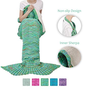 Adult Mermaid Tail Blanket, Super Soft Warm Crochet Mermaid Blanket with Sherpa Lined for Adult Teens Women, Anti-slip Neck Strap Design | Perfect for Women Girls Green