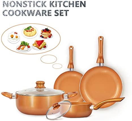 FRUITEAM 6-piece Nonstick Kitchen Cookware Set, Ceramic Coating Cooking Pot and Pans Set, Stock Pot/Milk Pot/Frying Pans Set, Copper Aluminum Pan with Lid, Induction/Gas Kitchenware Set