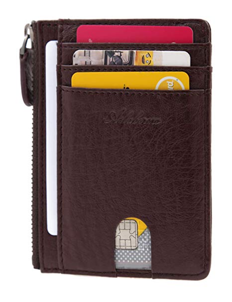 AslabCrew Minimalist Genuine Leather Zipper RFID Blocking Front Pocket Wallet, Slim Card Wallets