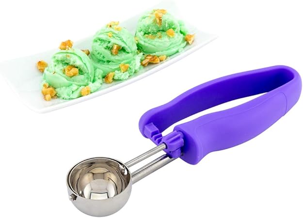 Restaurantware Comfy Grip 0.86 Ounce Gelato Scoop 1 Ambidextrous Ice Cream Scoop - Built-In Blade Bright Handle Purple Stainless Steel Cookie Dough Scoop Comfortable Grip For All Ingredients