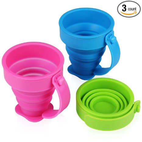 Yilove Collapsible Silicone Travel Cups with Handle,Pop up Drinking Cups for Traveling and Camping 200ml,Set of 3 (Pink Green Blue)