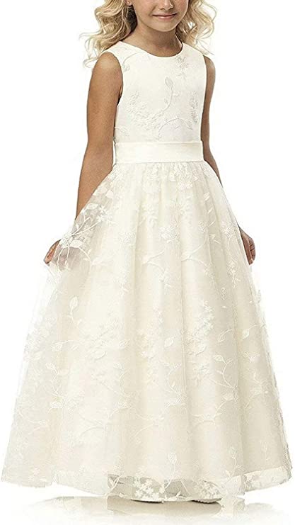 A line Wedding Pageant Lace Flower Girl Dress with Belt 2-12 Year Old