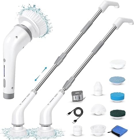 Electric Spin Scrubber, Up to 450RPM Shower Power Scrubber with 2 Speeds & 8 Replaceable Brush Heads, 51 Inch Cordless Cleaning Brush with Adjustable Extension Arm for Floor Bathtub Tile Sink(White)