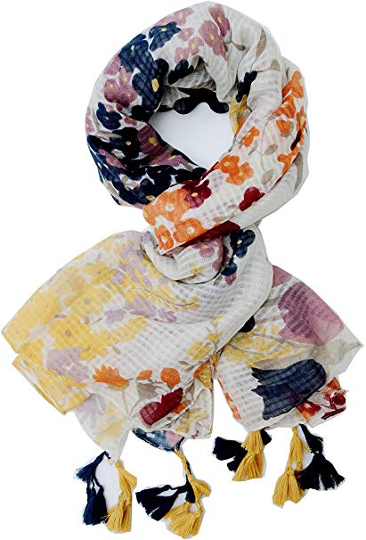 Spring Fall Lightweight Large Fashion Flower Print Scarf Shawl Wrap with Soft tassels for Women