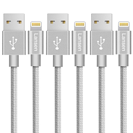 Lansen iPhone Charger Cable Cord 3Pack 3'/6'/10' FT Nylon Braided Lightning cable-Gray