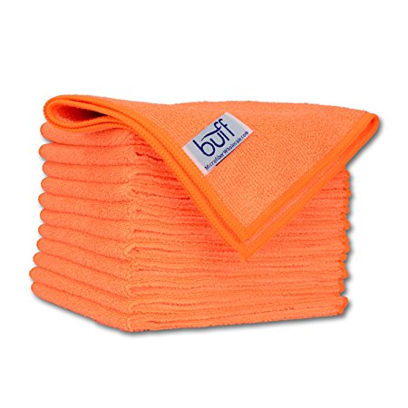 Buff Pro Multi-Surface Microfiber Towel – 12 Pack | Premium Cleaning Cloth | Clean, Dust, Polish, Absorb | Small 12"x12" (Orange)