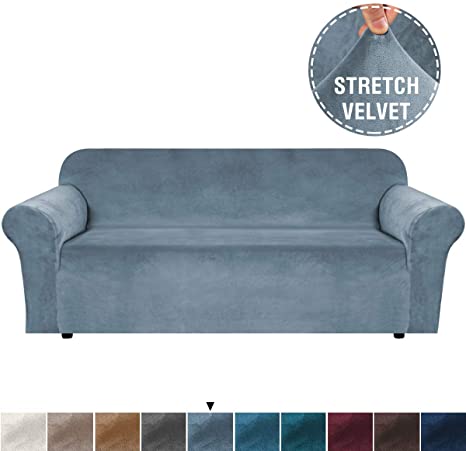 Velvet Stretch Sofa Cover Extra Large Couch Covers Sofa Covers Couch Furniture Covers for Living, Soft Thick Non Slip with 2 Elastic Straps, Washable (Extra Large Sofa 96"-116", Stone Blue)