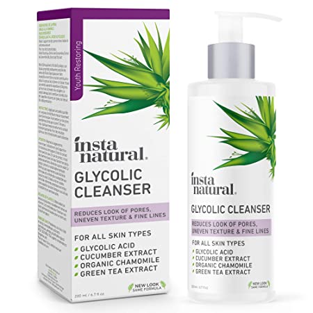 InstaNatural Glycolic Facial Cleanser - Anti Wrinkle, Fine Line, Age Spot & Hyperpigmentation Face Wash - Clear Dead Skin & Pores - With Glycolic Acid, Organic Extract Blend & Arginine - 6.7 OZ