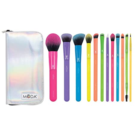 MODA Totally Electric 13pc Full Face Makeup Brush Set, Includes - Powder, Complexion, Blush, Shader, Smudger & Crease Brushes with Zip Case (Multi-colored)