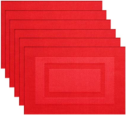 pigchcy Placemats,Washable Vinyl Woven Table Mats,Elegant Placemats for Dining Table Set of 6(18"X12",Passionate Red)