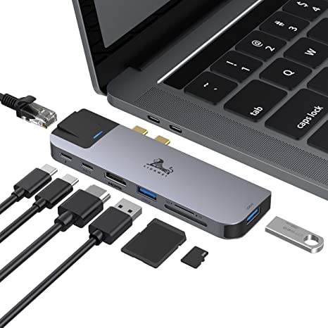 USB C Adapter for MacBook Pro 2020/2019/2018/2017/2016 13/15/16 inch MacBook Air 2020-2018, Multiport Adapter with Thunderbolt 3, 4K HDMI, Gigabit Ethernet, 2 X USB 3.0，PD Charging, SD/TF Card Readers