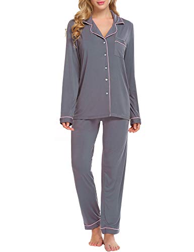 Ekouaer Pajamas Set Long Sleeve Sleepwear Womens Button Down Nightwear Soft Pj Lounge Sets XS-XXL