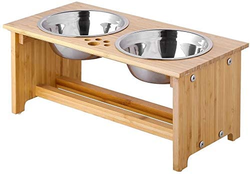 FOREYY Raised Pet Bowls for Cats and Small Dogs, Bamboo Elevated Dog Cat Food and Water Bowls Stand Feeder with 2 Stainless Steel Bowls and Anti Slip Feet (7''Tall-30 oz Bowl)
