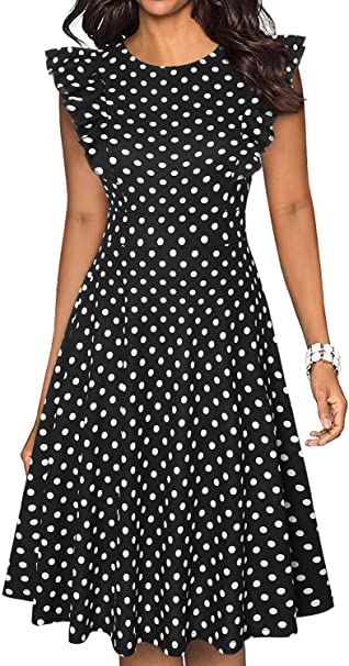 ihot Women's Vintage Ruffle Floral Flared A Line Swing Casual Cocktail Party Dresses with Pockets