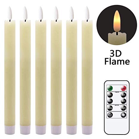 GenSwin Flameless Ivory Taper Candles Flickering with 10-Key Remote, Battery Operated Led Warm 3D Wick Light Window Candles Real Wax Pack of 6, Christmas Home Wedding Decor(0.78 X 9.64 Inch)