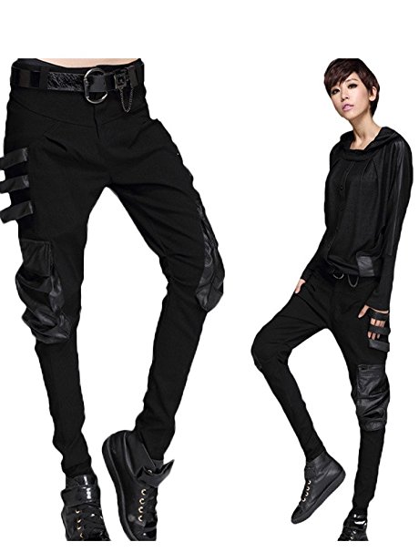 Minibee Women's Harem Patchwork Leather Pocket Punk Style Personalized Pants Black