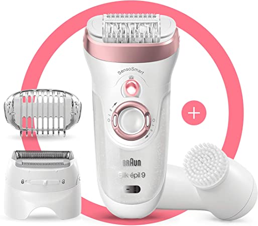 Braun Silk-épil 9-880, Epilator for Long-Lasting Hair Removal, Includes a Facial Cleansing Brush, High Frequency Massage Cap , Shaver and Trimmer Head, Cordless Wet and Dry Epilation for Women