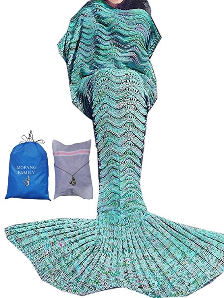 MOFANG FAMILY Soft Mermaid Tail Blanket Sofa Quilts Sleeping Bag for kids Adult 71"x36" Wave Mint with Carry Pouch and Washing Bag