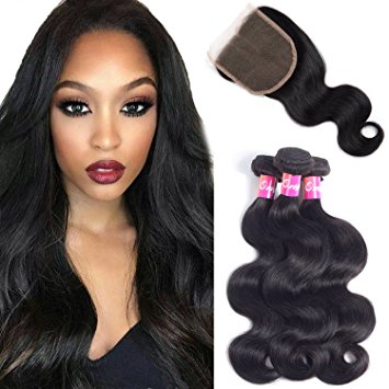 Brazilian Body Wave Virgin Hair 3 Bundles With Closure Free Part 100% Unprocessed Human Hair Remy Hair Extensions Natural Color 100g/pcs By Originea (16"16"16"+14")