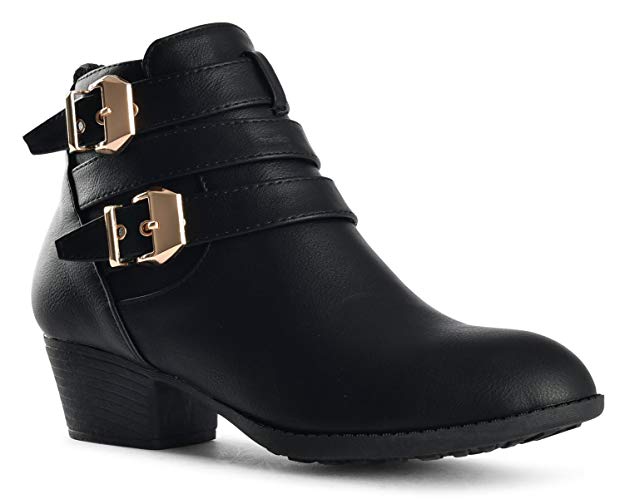 LUSTHAVE Women's Buckle Straps Stacked Low Chunky Heel Ankle Bootie Parker Boots