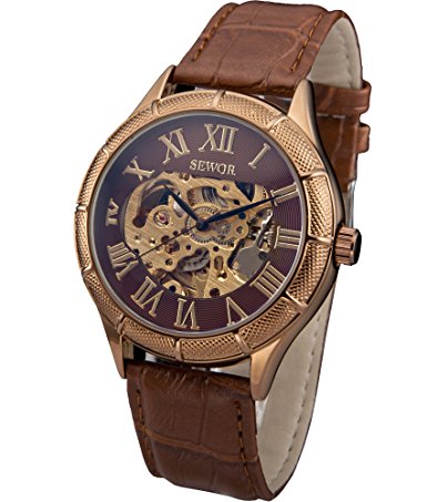 Sewor Rose Gold Skeleton Transparent Mechanical Stainless Steel Leather Sport Watch