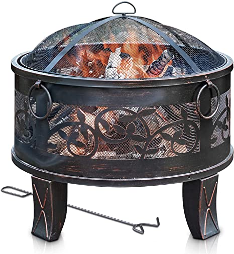 LIVIVO Lattice Design Fire Pit Brazier with Mesh Spark Guard, BBQ Grill Insert and Metal Fire Poker Iron Weather and Rust-Resistant (26" Round)