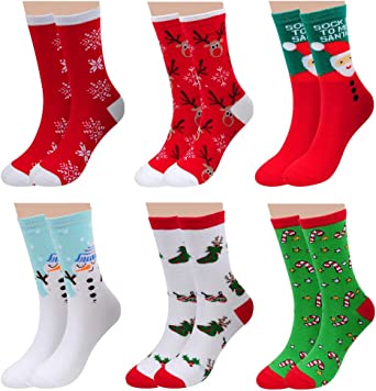 6 Pairs Womens Cute Cotton Casual Christmas Socks - Autumn Winter Funny Crew Novelty Xmas Gifts Socks for Unisex