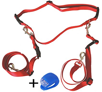 Double Running Dog Leash Hands Free - for 2 Dogs. Including LED Light. Great for Walking, Running, Biking and Jogging (Red).
