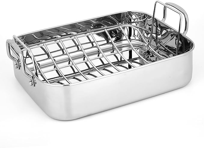 NutriChef Roasting Pan with Polished Rack, Wide Handle, and Stainless Steel , Turkey Chicken Roasting Pan Great for Thanksgiving Dinners, Tender Roast, Deep Dishes, and More