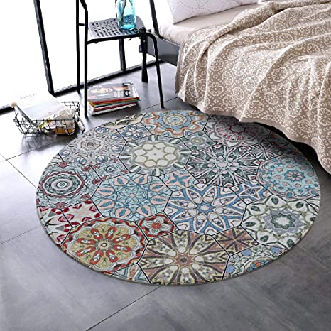 LEEVAN Round Wool Area Rug 3 ft Traditional Throw Runner Rug Non-Slip Backing Soft Wool Floor Carpet for Sofa Living Room Bedroom Modern Accent Home Decor