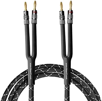 GearIT 14AWG Premium Heavy Duty Braided Speaker Wire (6 Feet) with Dual Gold Plated Banana Plug Tips - Oxygen-Free Copper (OFC) Construction, Black