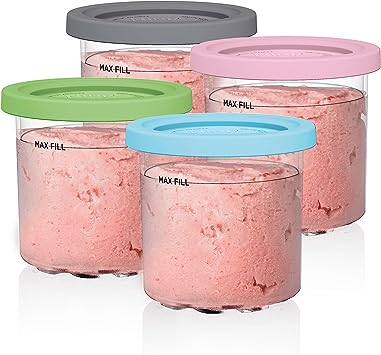 Ninja Creami Pints 4 Pack, Compatible with NC299AMZ & NC300s Series Creami Ice Cream Makers, Genuine Ninja Pint, BPA-Free & Dishwasher Safe, Color Lids, Clear/Grey/Lime/Pink/Aqua, XSKPLD4BCD​