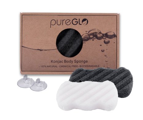 pureGLO Body Wash Cleansing Bath Konjac Sponge [2 pack] | Natural and Chemical Free Charcoal and Original Exfoliating Face Shower Sponge| Eco-friendly for Baby and Adults All Skin Types